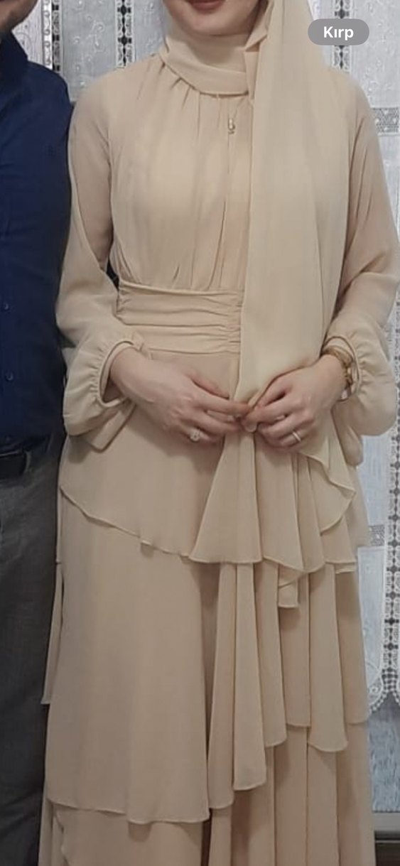 Bej Uzun Şifon Kadın Elbise - Görsel 4