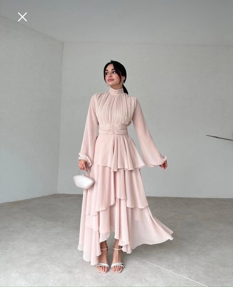 Bej Uzun Şifon Kadın Elbise - Görsel 2