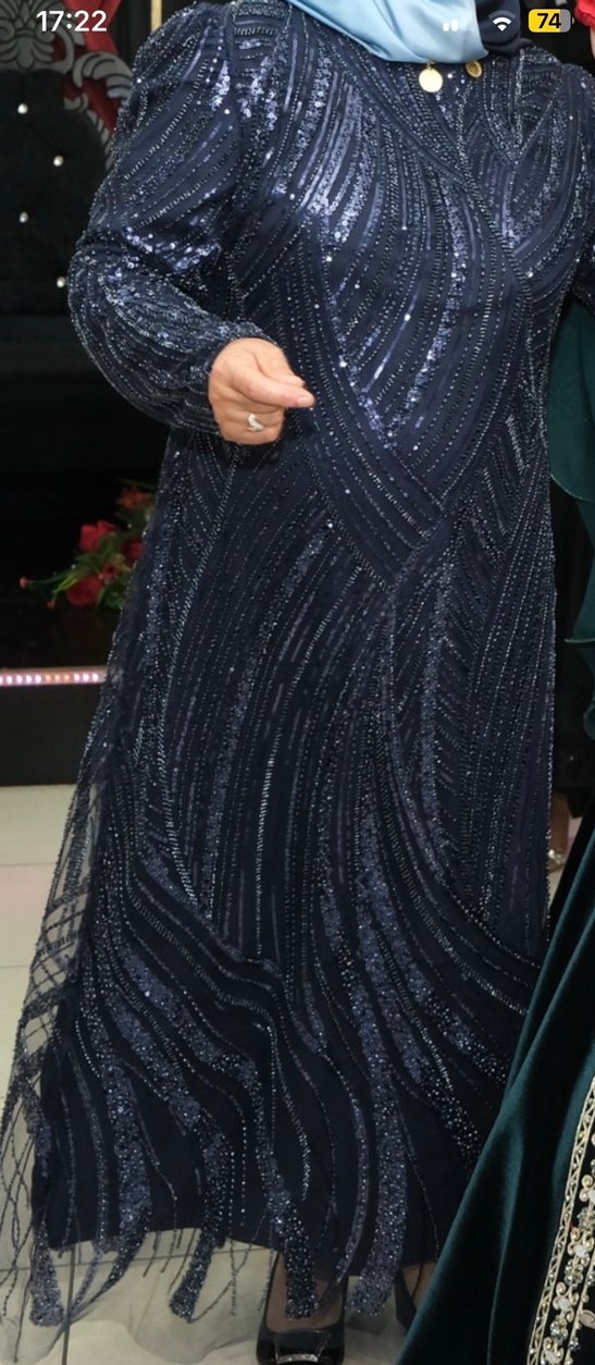 Lacivert Payetli boncuklu uzun tesettür abiye - Görsel 5