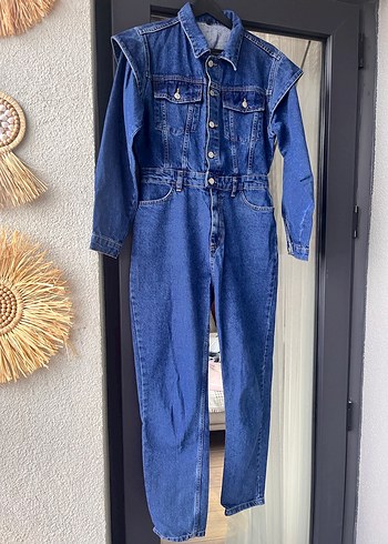 Düğmeli Mavi Denim Kadın Tulum - Görsel 2