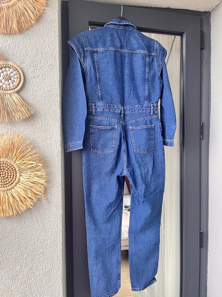 Düğmeli Mavi Denim Kadın Tulum - Görsel 3