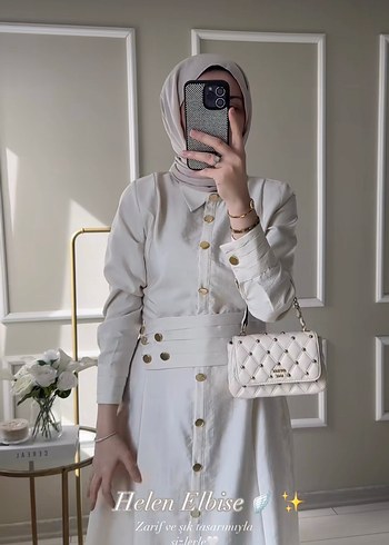 Düğmeli Beyaz Uzun Kollu Kadın Elbise - Görsel 4