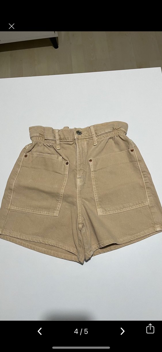 Çocuk Bej Yüksek Bel Kemerli Keten Şort - Görsel 4