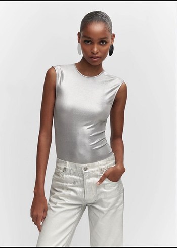 Kadın Gri Yüksek Yakalı Kolsuz Body - Görsel 6