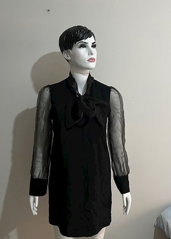 Uzun Kollu Siyah Mini Transparan Elbise - Görsel 5