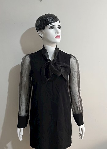 Uzun Kollu Siyah Mini Transparan Elbise - Görsel 6