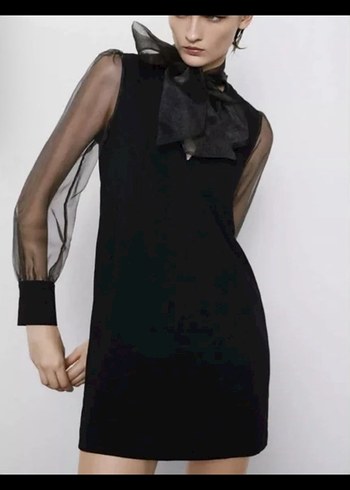 Uzun Kollu Siyah Mini Transparan Elbise - Görsel 2