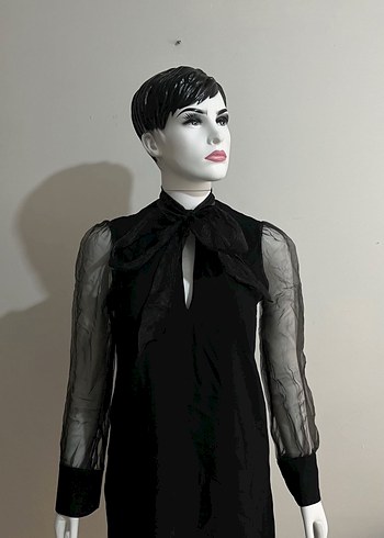 Uzun Kollu Siyah Mini Transparan Elbise - Görsel 3