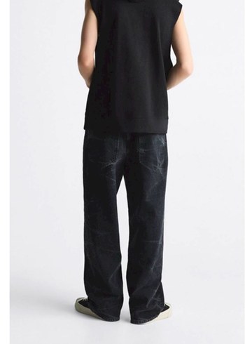 Siyah Batik Desenli Bol Kesim Erkek Denim Pantolon - Görsel 5