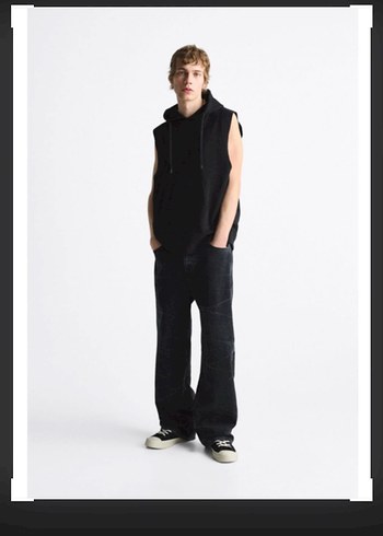 Siyah Batik Desenli Bol Kesim Erkek Denim Pantolon - Görsel 8