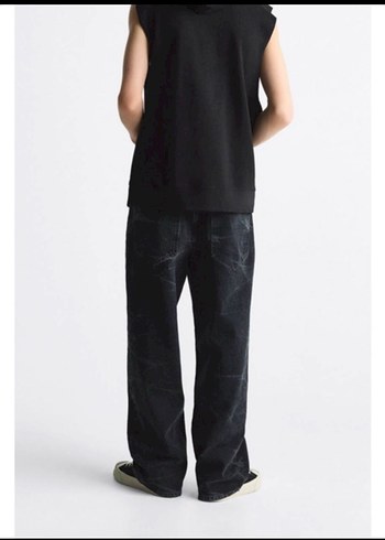 Siyah Batik Desenli Bol Kesim Erkek Denim Pantolon - Görsel 7