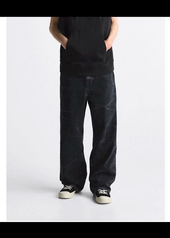 Siyah Batik Desenli Bol Kesim Erkek Denim Pantolon - Görsel 2