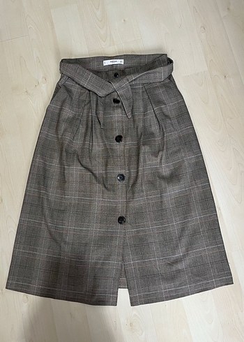 Düğmeli Kahverengi Kareli Midi Etek - Görsel 2