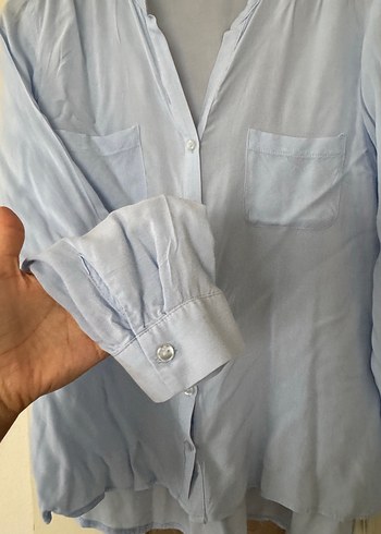 38 Beden mavi Renk Mavi Keten Düğmeli Uzun Kollu Gömlek