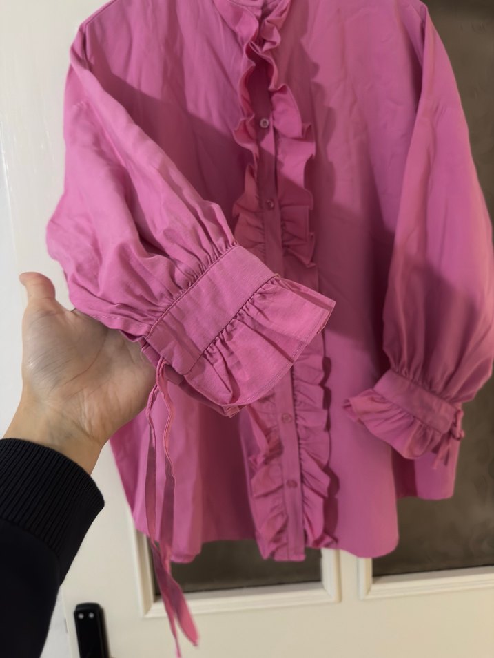 Pembe Fırfırlı Kadın Gömlek - Görsel 3