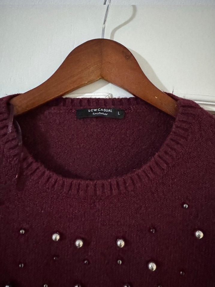 Bordo Boncuk Detaylı Kadın Triko Kazak - Görsel 3