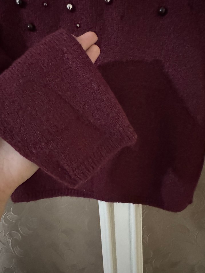 Bordo Boncuk Detaylı Kadın Triko Kazak - Görsel 5