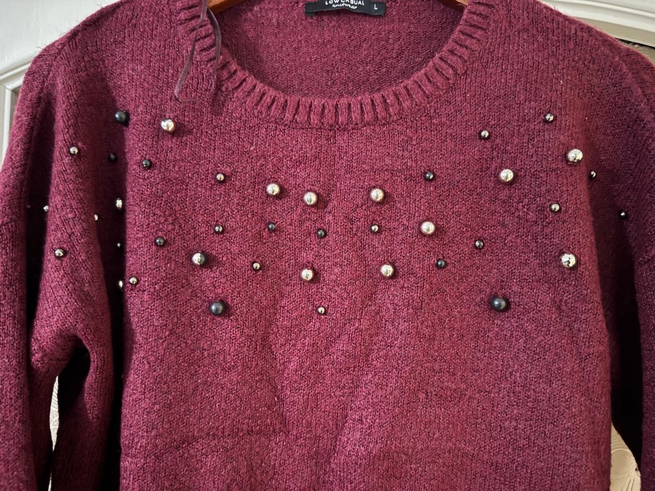 Bordo Boncuk Detaylı Kadın Triko Kazak - Görsel 4