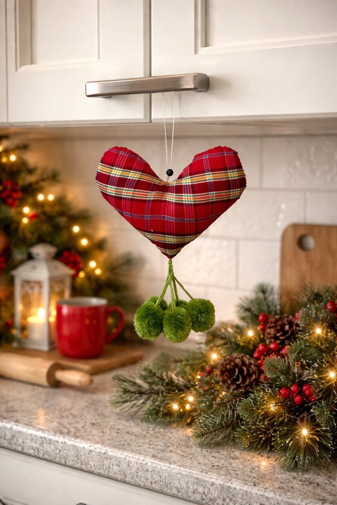 Kırmızı Ekose Kalp Kapı Süsü Yeşil Ponponlu - Görsel 5