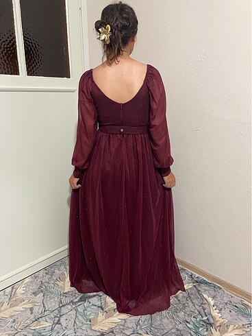m Beden Bordo simli kemer detaylı abiye