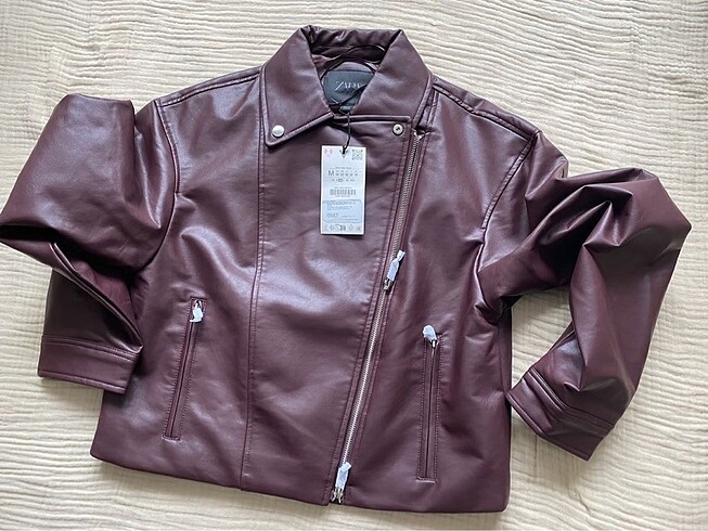 m Beden bordo Renk Zara marka orjinal yeni sezon suni deri crop bıker ceket