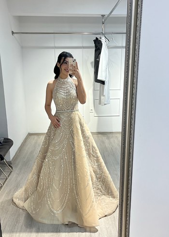 Boncuk İşlemeli Bej Uzun Abiye Elbise - Görsel 2