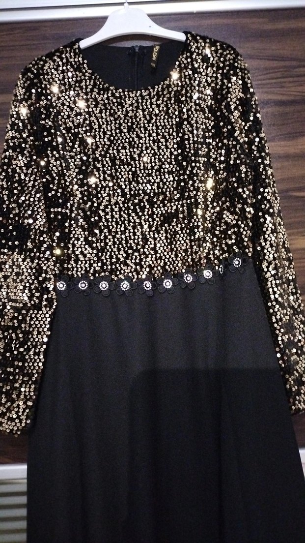 Siyah Payetli Uzun Kollu Abiye Elbise - Görsel 2