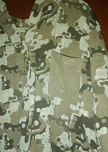 Kadın Bej Kamuflaj Desenli Keten Gömlek - Görsel 2