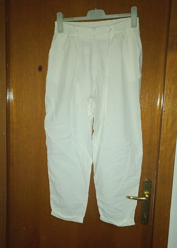 Beyaz Pliseli Keten Kadın Pantolon - Görsel 2