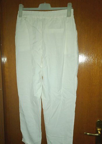 Beyaz Pliseli Keten Kadın Pantolon - Görsel 5