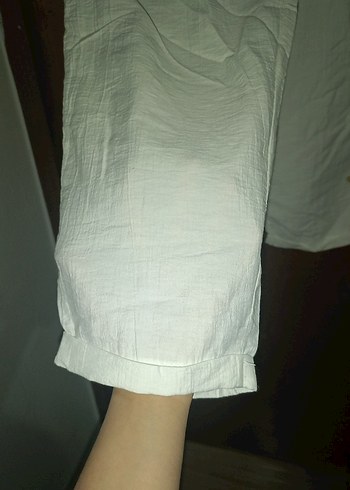 Beyaz Pliseli Keten Kadın Pantolon - Görsel 4