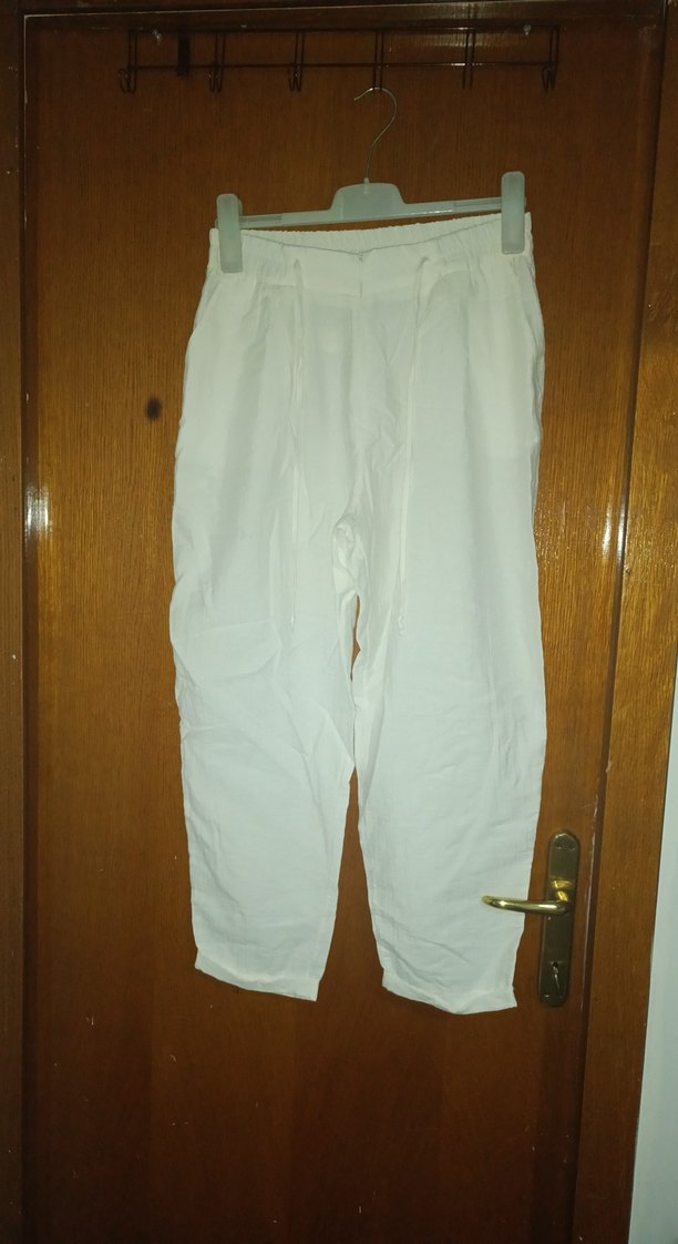 Beyaz Pliseli Keten Kadın Pantolon - Görsel 2