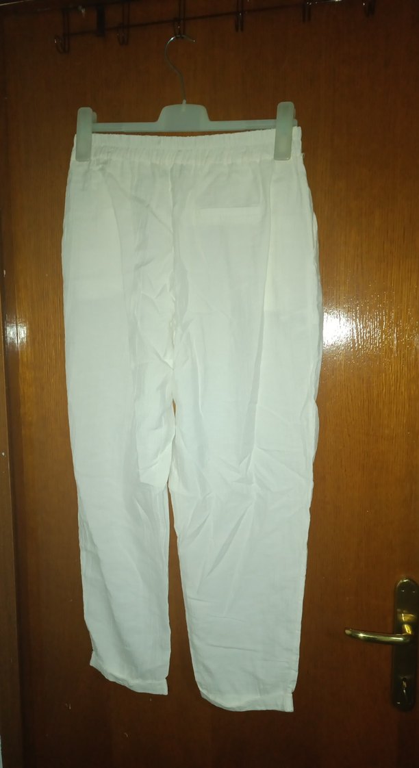 Beyaz Pliseli Keten Kadın Pantolon - Görsel 5