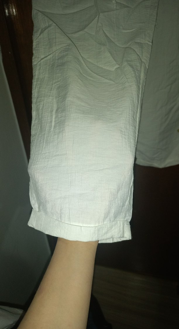 Beyaz Pliseli Keten Kadın Pantolon - Görsel 4