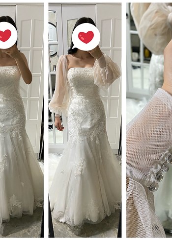 Oleg Cassini Balık Balon Kol Dantel Gelinlik Tam Takım Temiz - Görsel 4