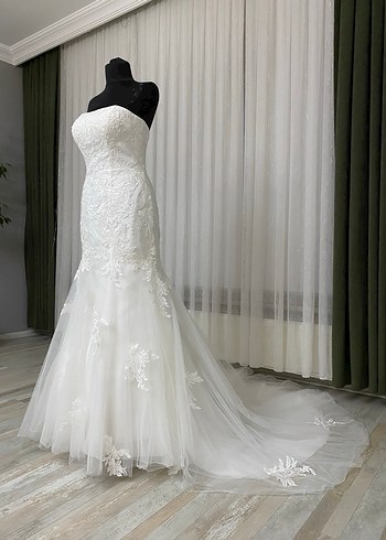 Beyaz Straplez Balık Gelinlik Balon Kol - Görsel 10