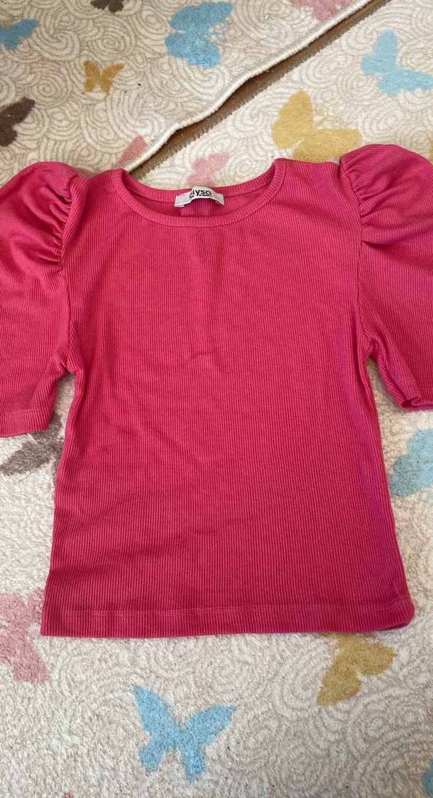 Kız Çocuk Pembe Kısa Kollu Triko Tişört - Görsel 2