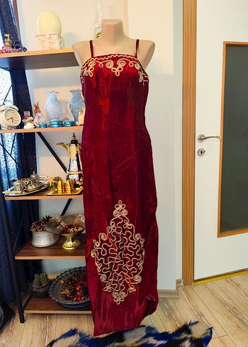 Bordo Nakışlı Uzun Kadın Elbise - Görsel 3