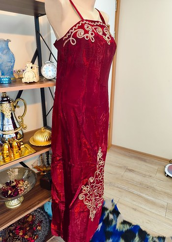 Bordo Nakışlı Uzun Kadın Elbise - Görsel 4