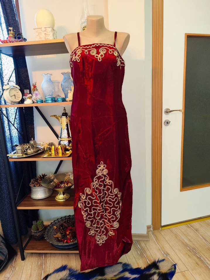 Bordo Nakışlı Uzun Kadın Elbise - Görsel 3