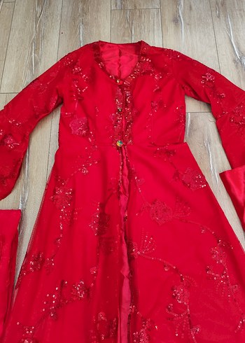 Kırmızı İşlemeli Uzun Abiye Elbise - Görsel 7