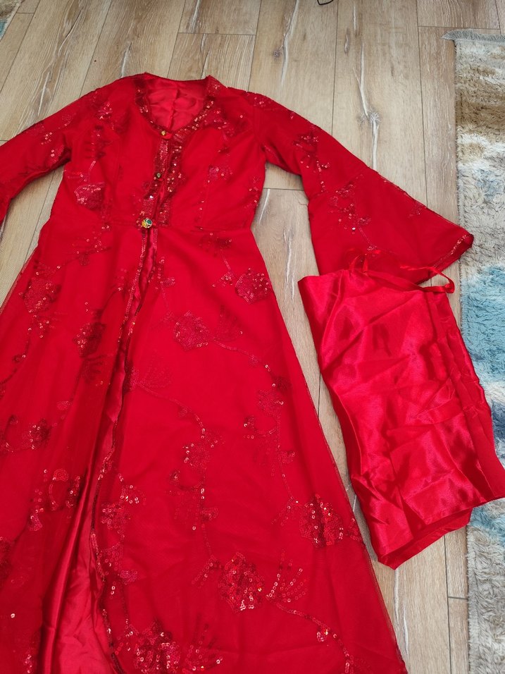 Kırmızı İşlemeli Uzun Abiye Elbise - Görsel 5