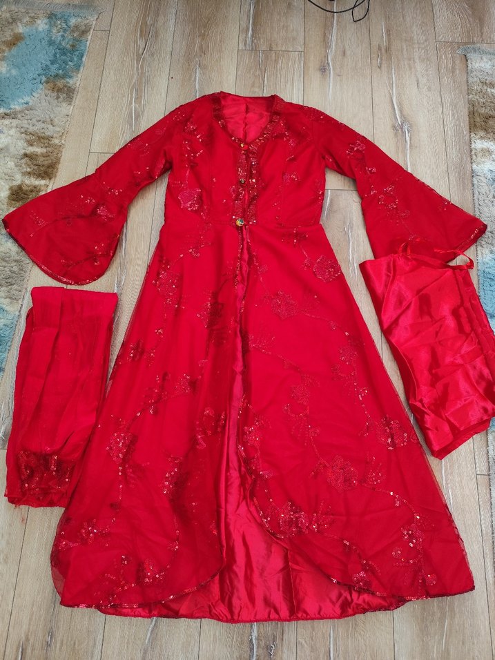 Kırmızı İşlemeli Uzun Abiye Elbise - Görsel 2