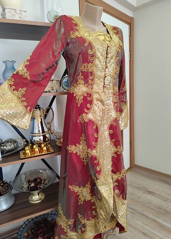 kırmızı altın İşlemeli kaftan bindallı - Görsel 5