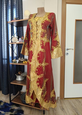 kırmızı altın İşlemeli kaftan bindallı - Görsel 3