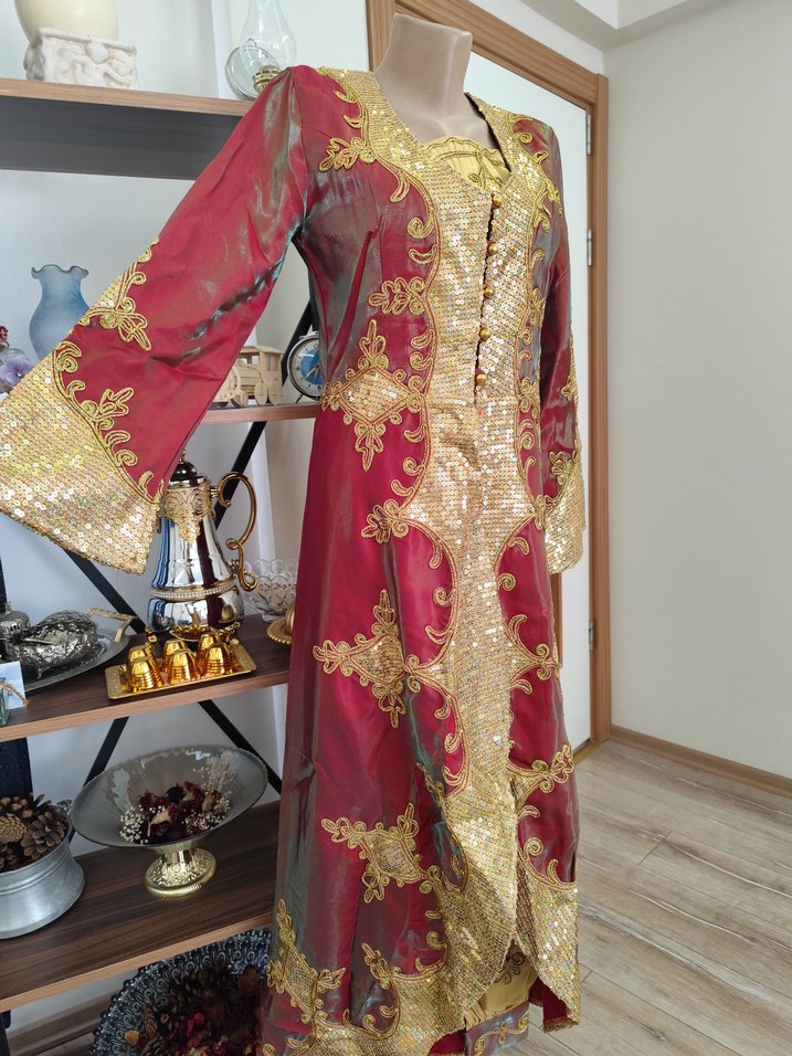 kırmızı altın İşlemeli kaftan bindallı - Görsel 5