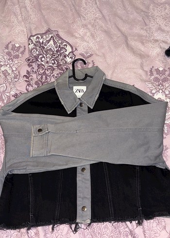 Zara Gri Düğmeli Oversize Denim Yelek - Görsel 3