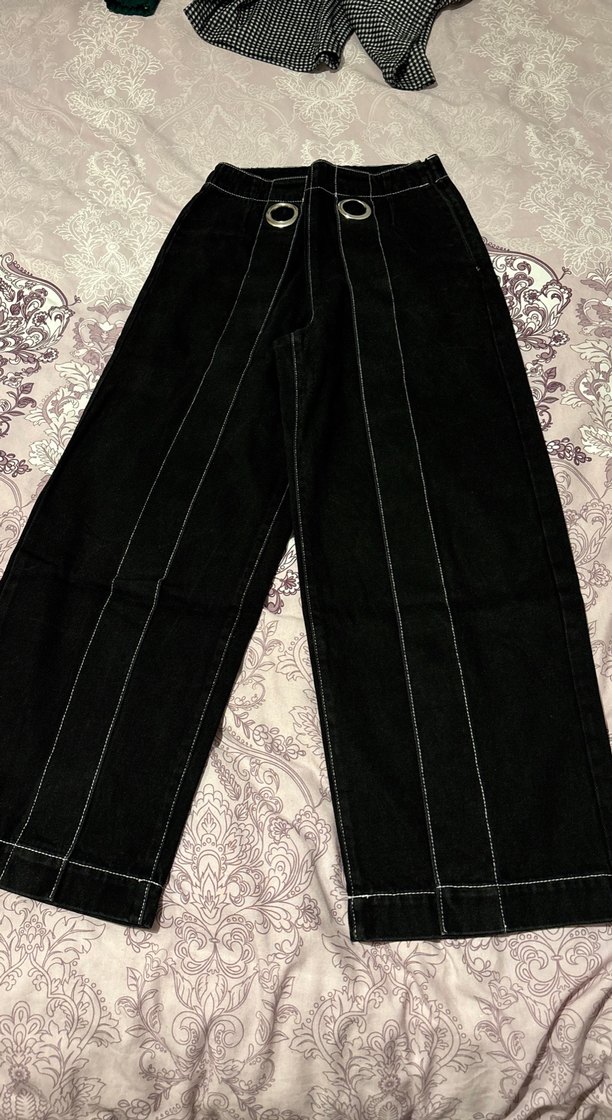 Siyah Düğmeli Geniş Kesim Kadın Kot Pantolon - Görsel 2