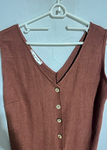 Düğmeli Kahverengi Keten Uzun Tulum m beden - Görsel 2