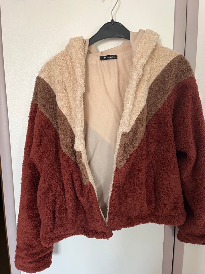 Kahverengi Peluş Kapüşonlu Kadın Ceket - Görsel 4